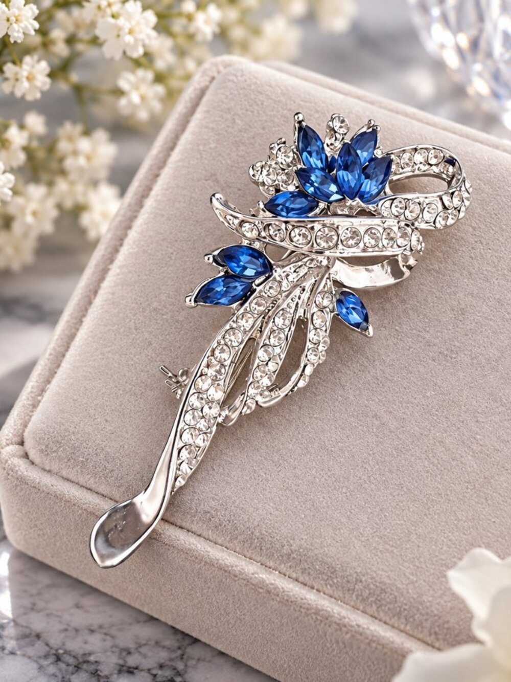 Blue Rhinestone Floral Brooch Silver Tone Marquise Crystal Ribbon Bow Pin